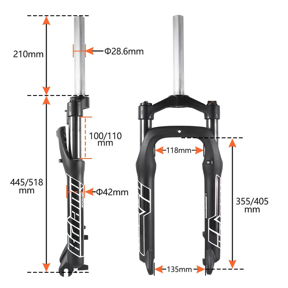 Snow Bike Fork 100/110mm Stroke 20 26 Inch Fat Tire Spring Mechanical Air Fork