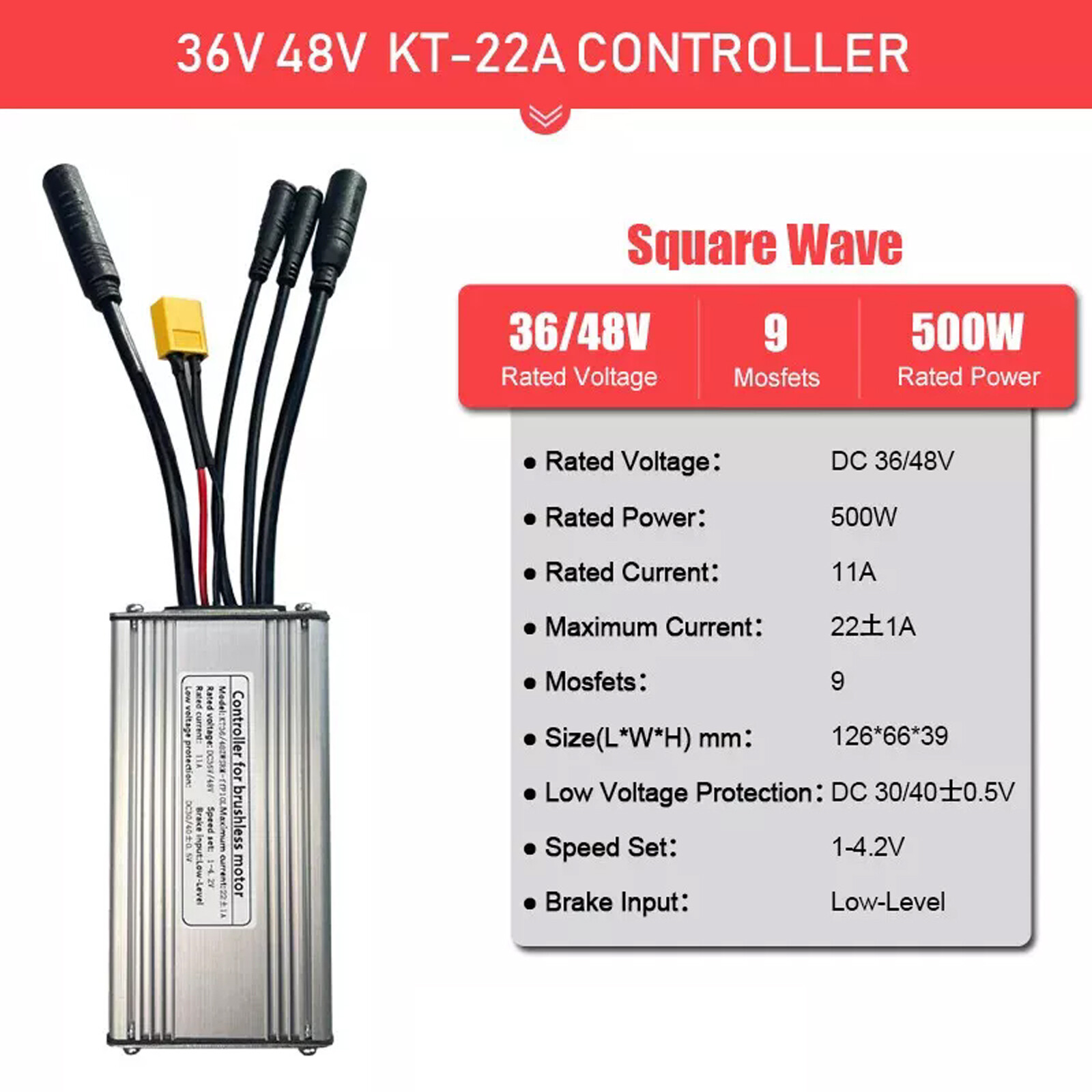 22A Squarewave DC 36V/48V 500W Waterproof 9 Mosfets Brushless E-bike Controller