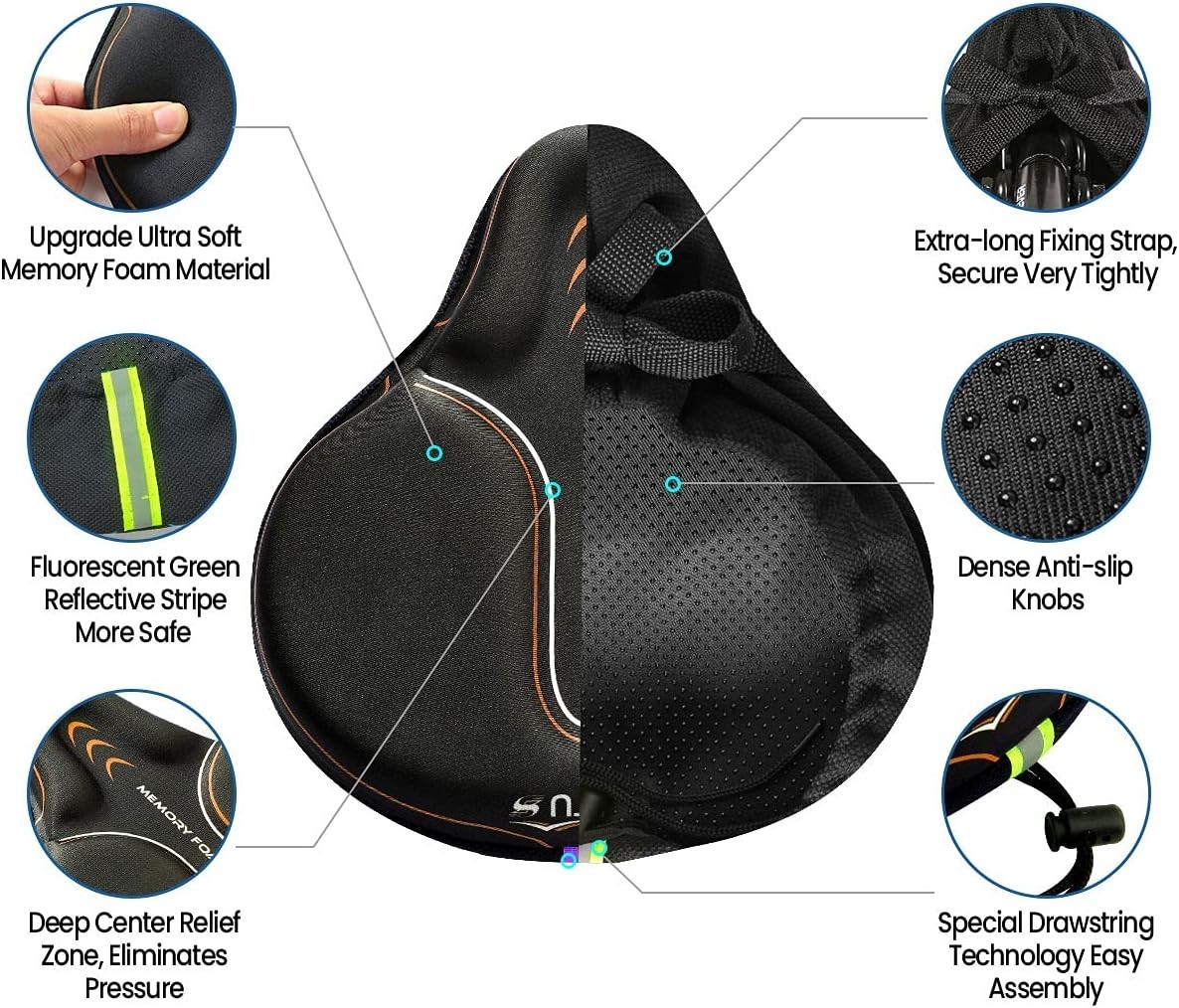 Bike Seat Cushion Cover Memory Foam Large Wide Waterproof Padded for Men Women