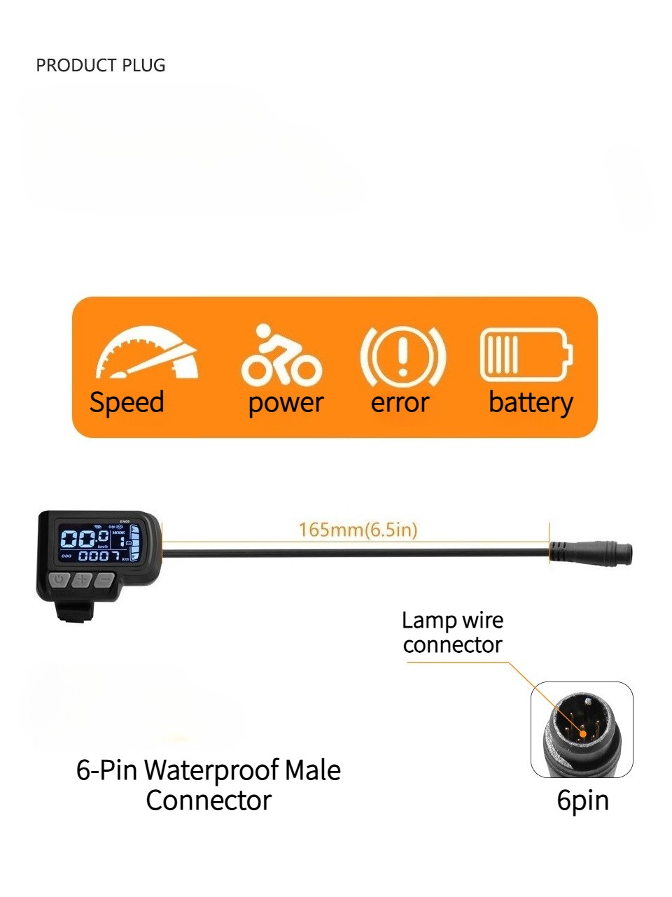 EN06 E-Bike Smart LCD Display 6-Pin Waterproof USB Cable 24V/36V/48V.