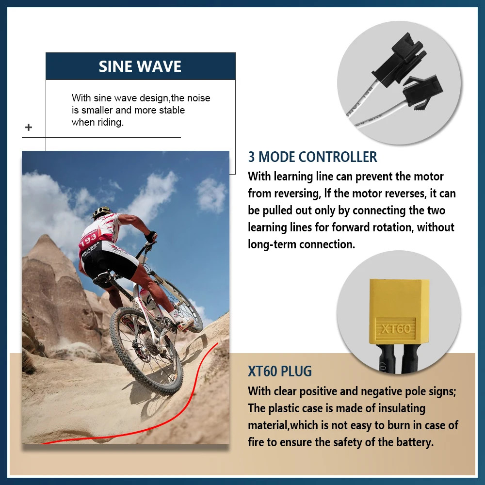 Ebike Three-Mode 17A-30A Sinewave Waterproof Controlle 24V-48V 250W-1000W Motor