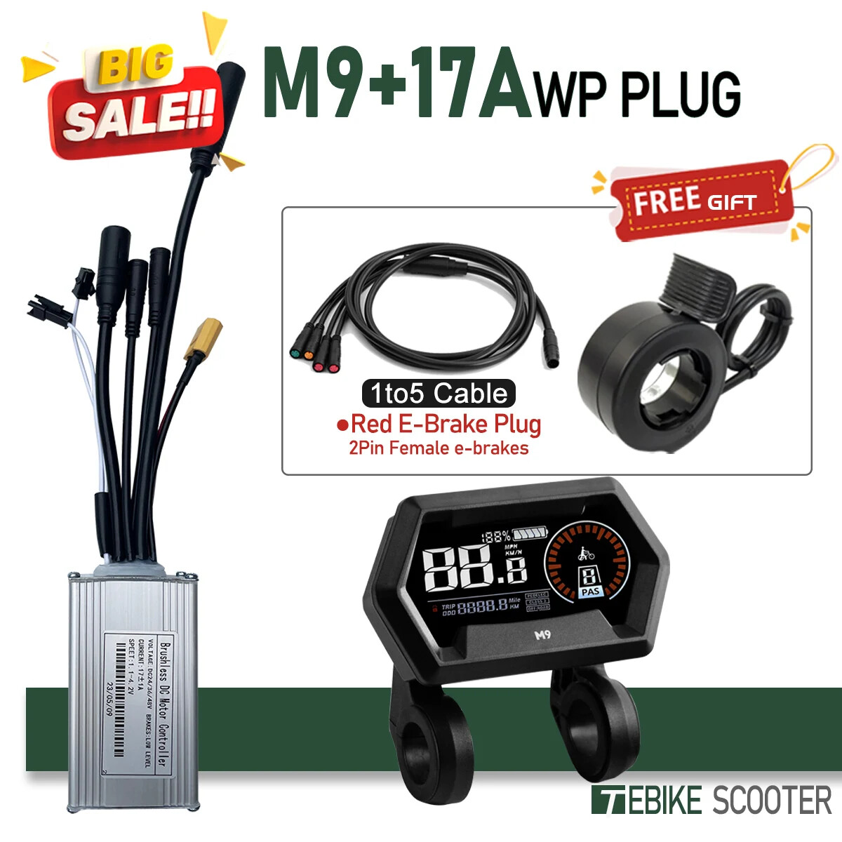 E-Bike 3 Mode Sinewave Controller 17A26A30A40A+LCD M5 M9 Display 24V36V48V Motor
