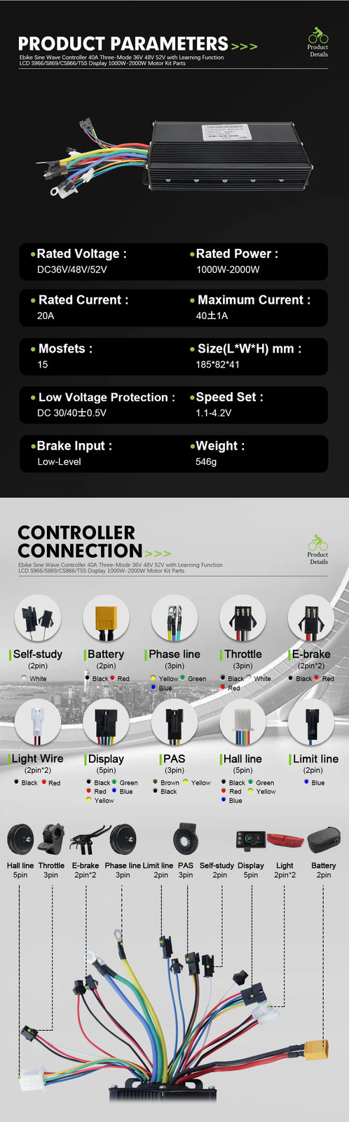 Electric Bike 40A 36V/48V/52V Three Mode SineWave Controller with LCD Display