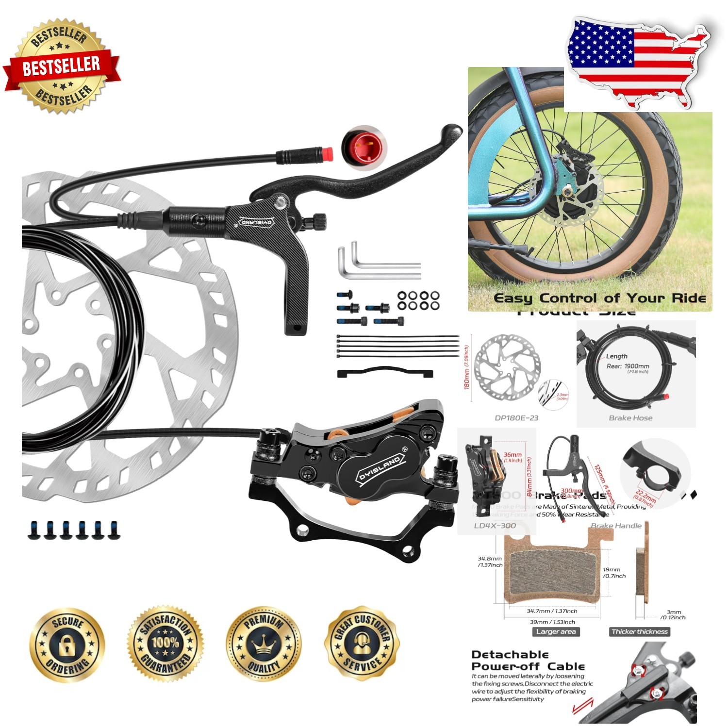 E-Bike Hydraulic Disc Brake Set – 4-Piston Rear, Pre-Bled Mineral Oil, Powerful
