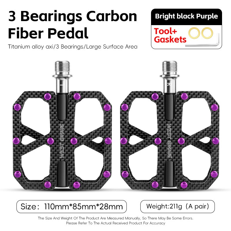 WEST BIKING Carbon Fiber Road Bike Pedals 3 Bearings Titanium Axis Pedals Purple