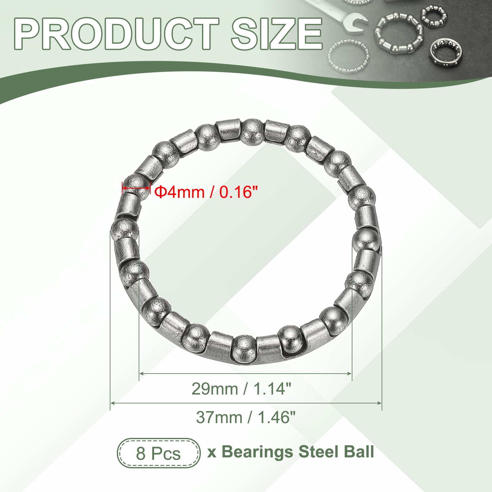 Bike Ball Bearings, Bicycle Crank Bearing #4, 3/16″ x 16 Balls 8 Pack Silver