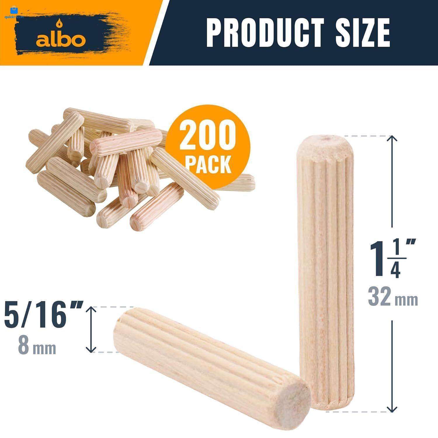 ALBO Wooden Dowel Pins 5/16 x 1 1/4 inch Fluted Wood x 1 1/4- 200Pcs