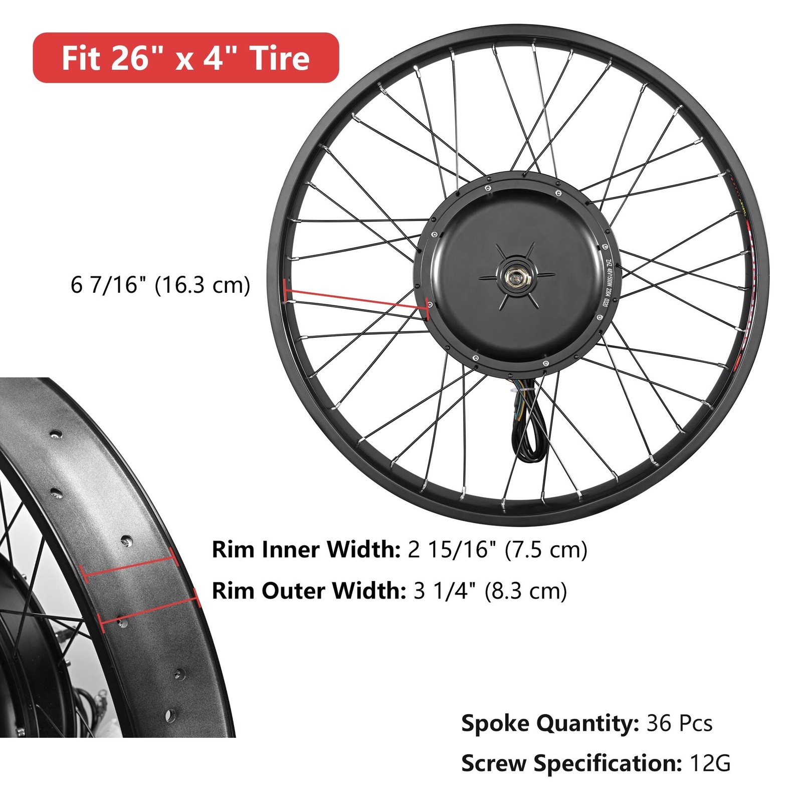 Yescom 26″x4″ Fat Tire 48V Ebike Front Wheel Bicycle Conversion Kit LCD 1500W