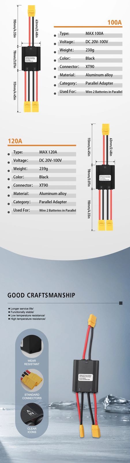 20V-100V 20A-120A Ebike Double Battery Discharge Converter Connection Adapter