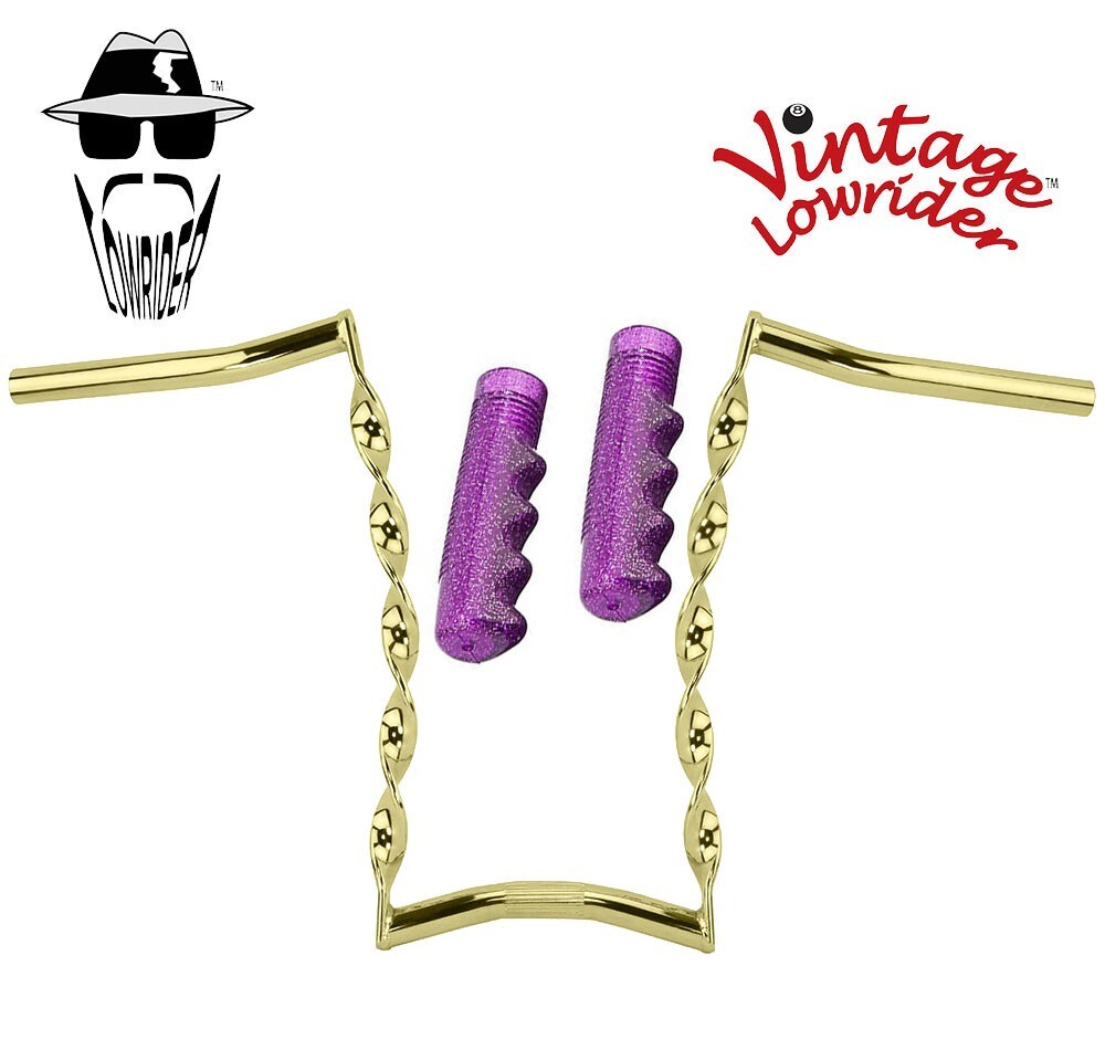 Vtg Lowrider 15″ Handlebar CURVED Twisted 25.4mm Gold & Grips Sparkle Purple.