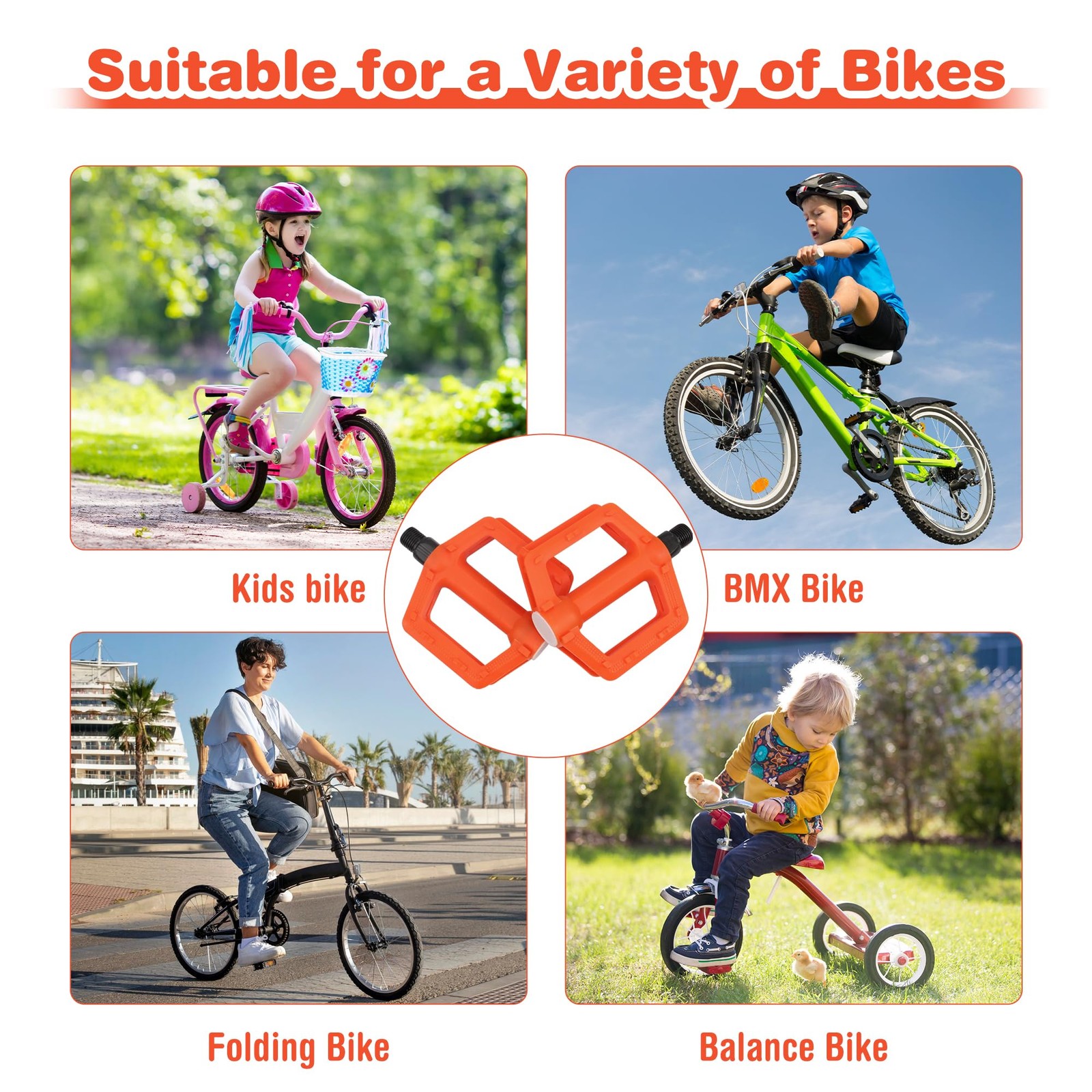 MEGHNA Kids Bike Pedal 1/2 inch Thread Universal Pedals Thread, Orange