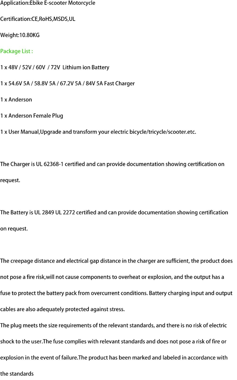 48V 52V 60V 72V Lithium Battery for 0W-3600W Ebike Electric Bike Scooter 20/30AH