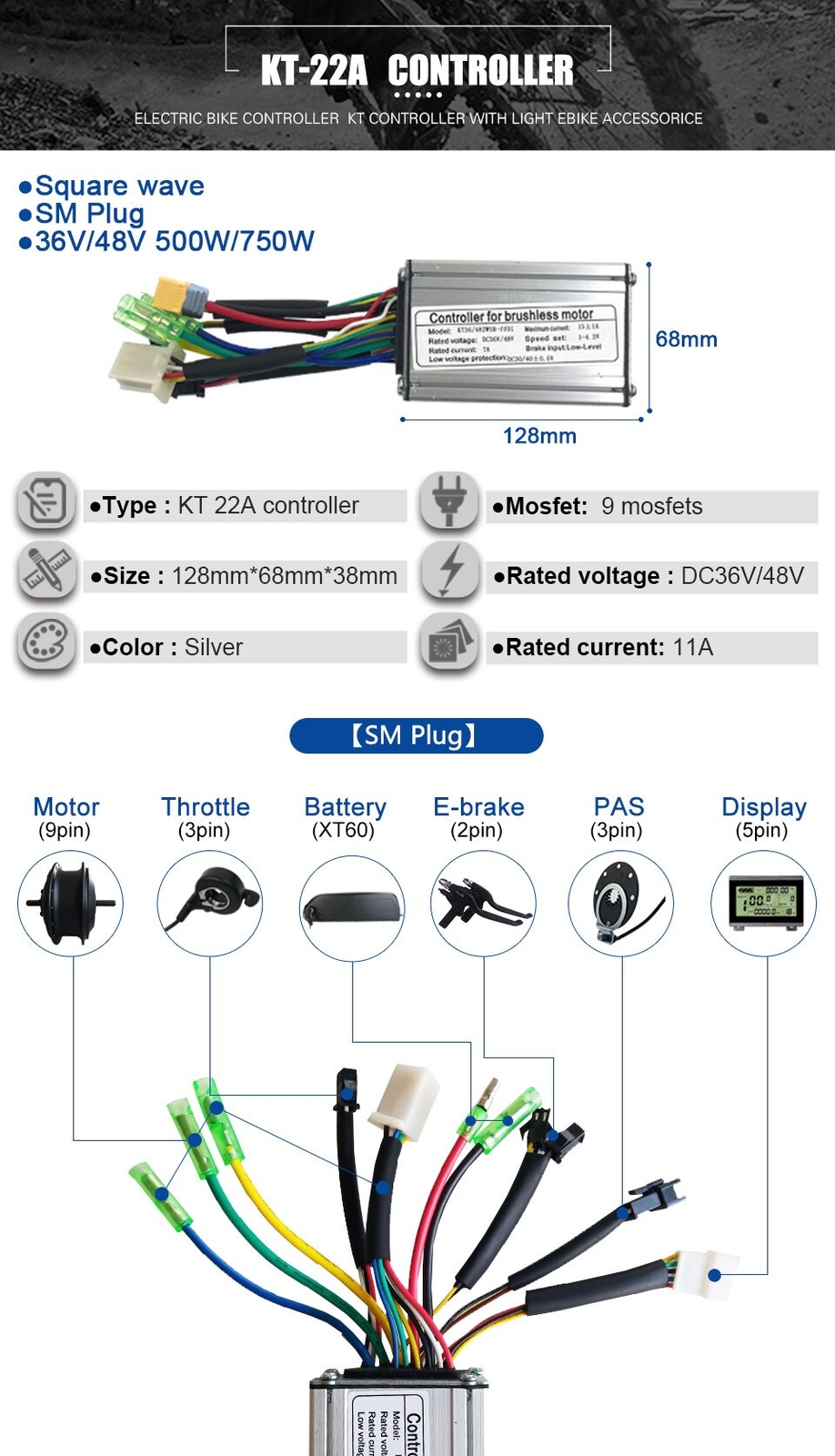 Electric Bike Controller 24V 36V 48V 250W-1500W Squarewave Controller