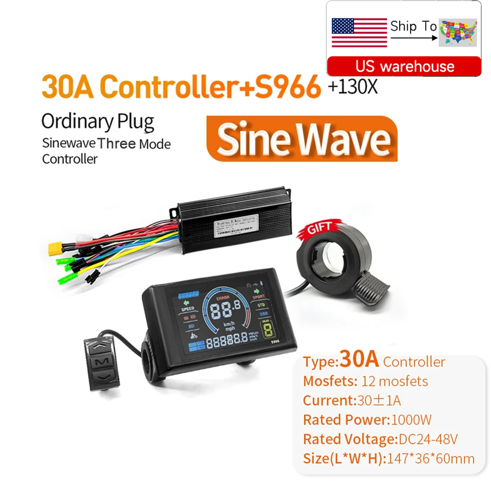 Ebike 36V 48V 30A Sinewave Controller+S966 LCD Display for 1000W Brushless Motor