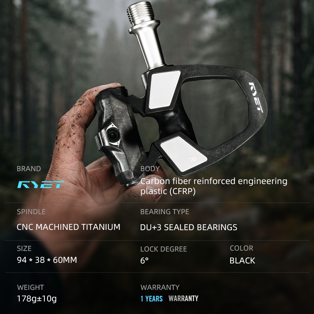 RYET Ultralight Carbon Pedals 178g Titanium Axle DU Bearings Road Bike Cycling