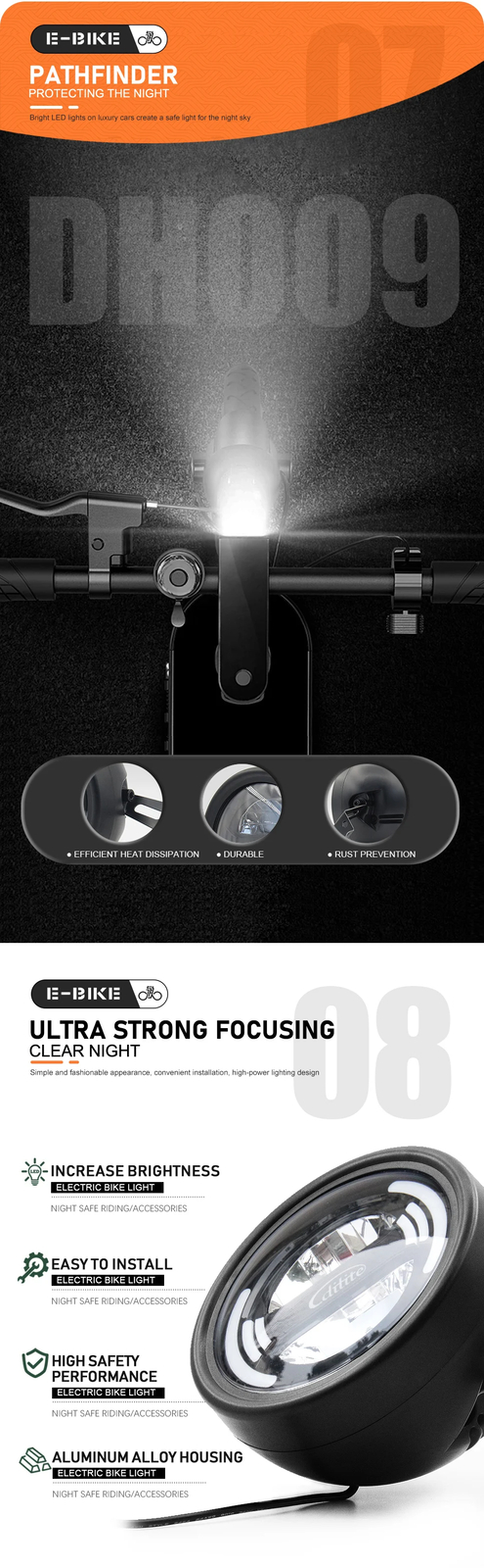 E-Bike Headlight DH009 2pin SM/Waterproof Plug 12-48V Front Light Spotlight Part
