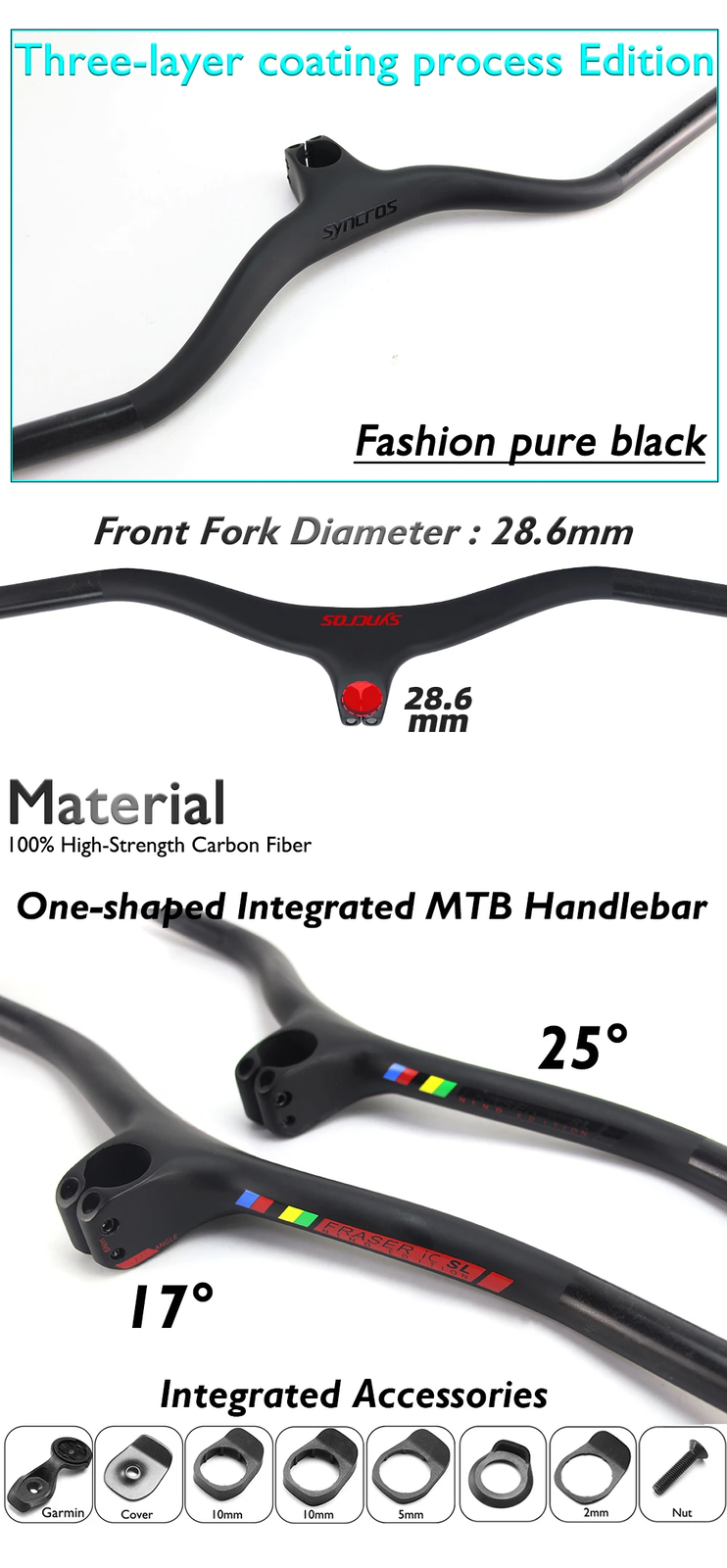 MTB Bicycle Integrated Carbon Handlebar with Stem -8/-17/-25 Degree 60*740mm