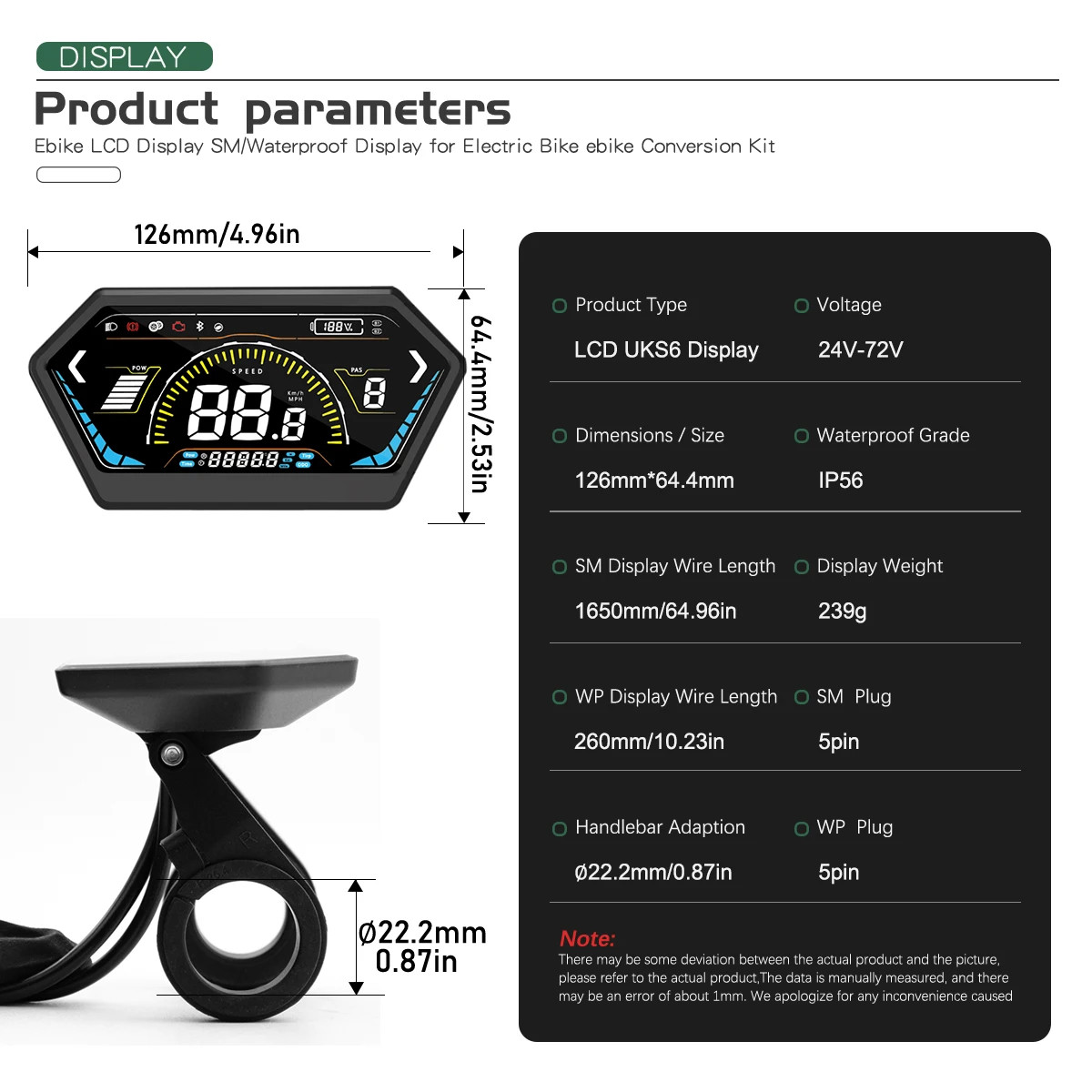 E-bike Display 24V36V48V52V60V72V LCD Color Display SM/Waterproof Plug Display