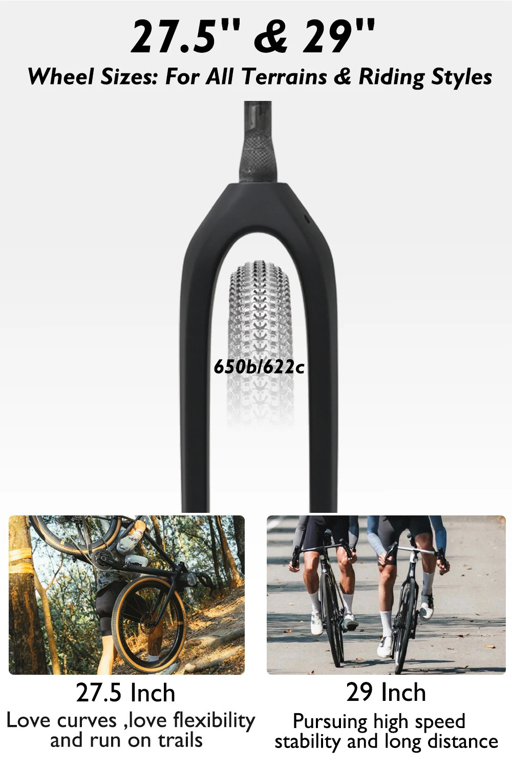 26/27.5/29 Inches Carbon Fiber MTB Boost Thru Axle Rigid Fork 15*110mm Tapered