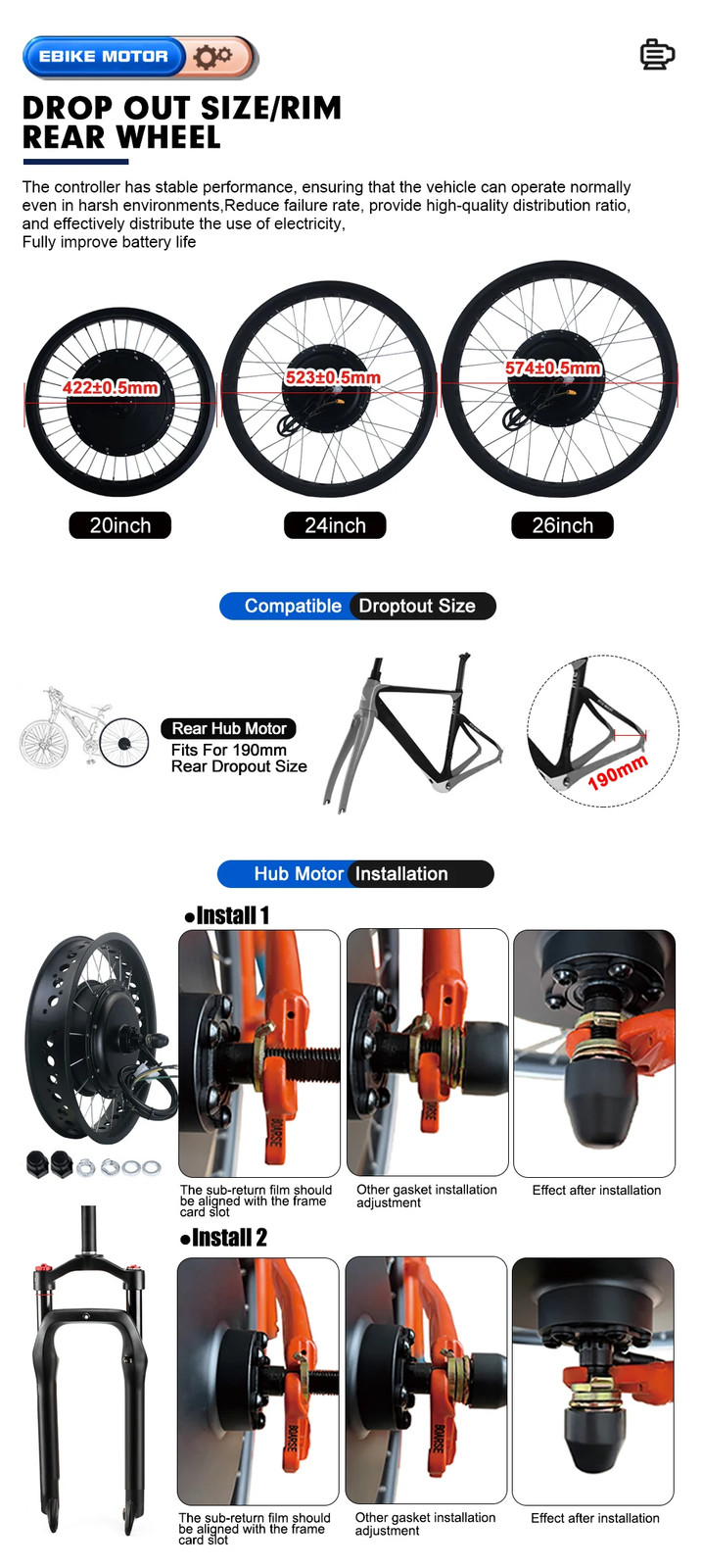48V 2000W Fat Tire Rear Brushless Gearless Hub Motor for Snow E-Bike 20/24/26in