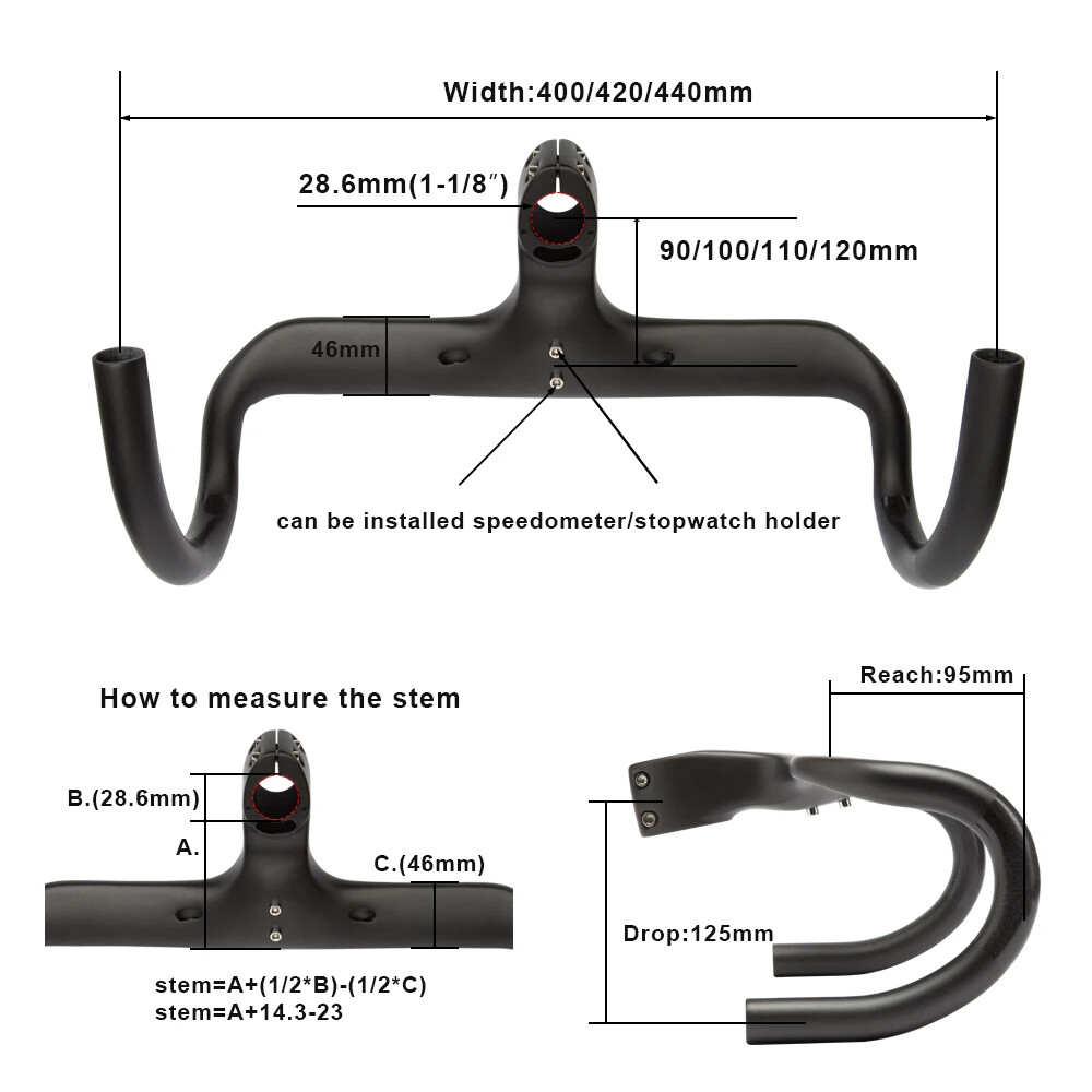 400/420/440mm Carbon Road Racing Bike Integrated Handlebar 1-1/8″ Drop Bar