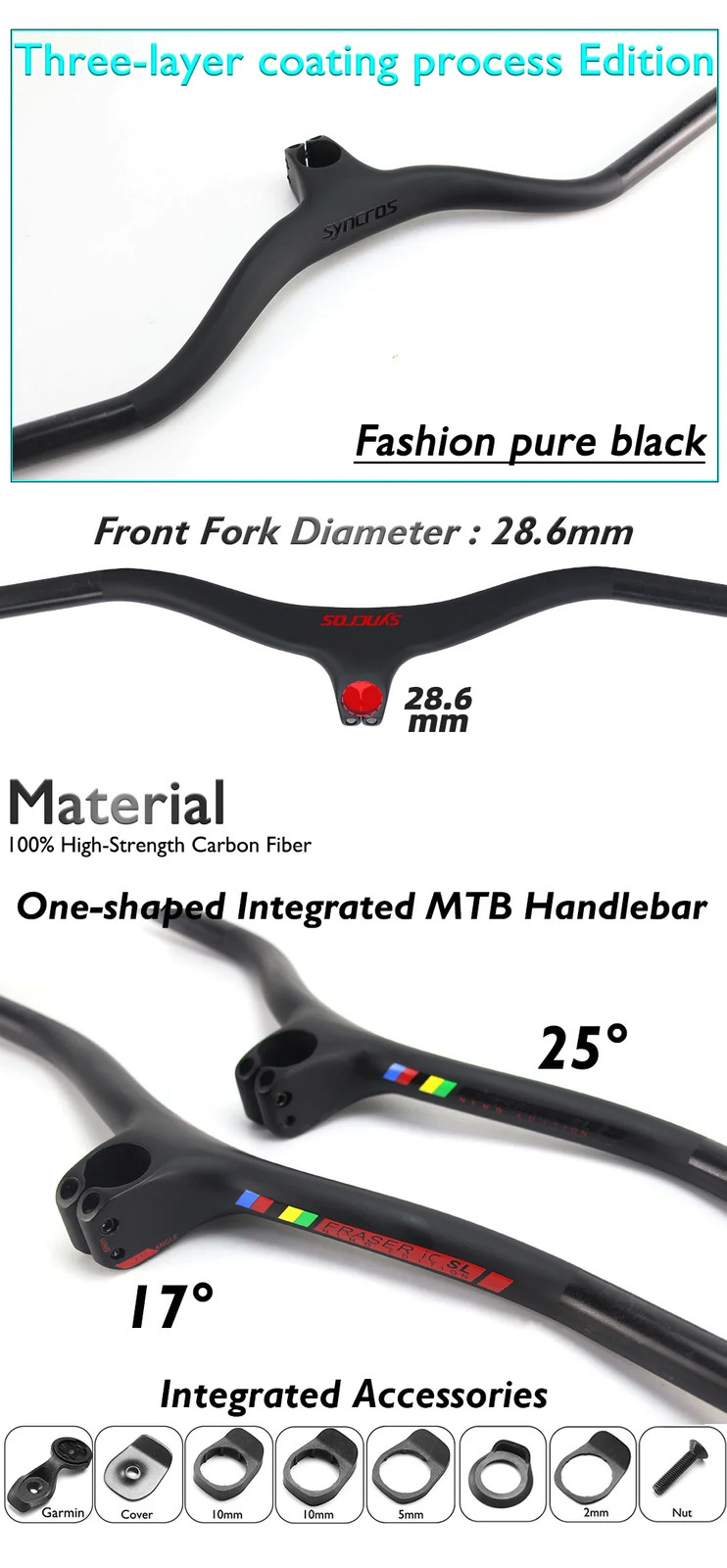MTB Bicycle Integrated Carbon Fiber Handlebar with Stem -8/-17/-25 Degree 740mm