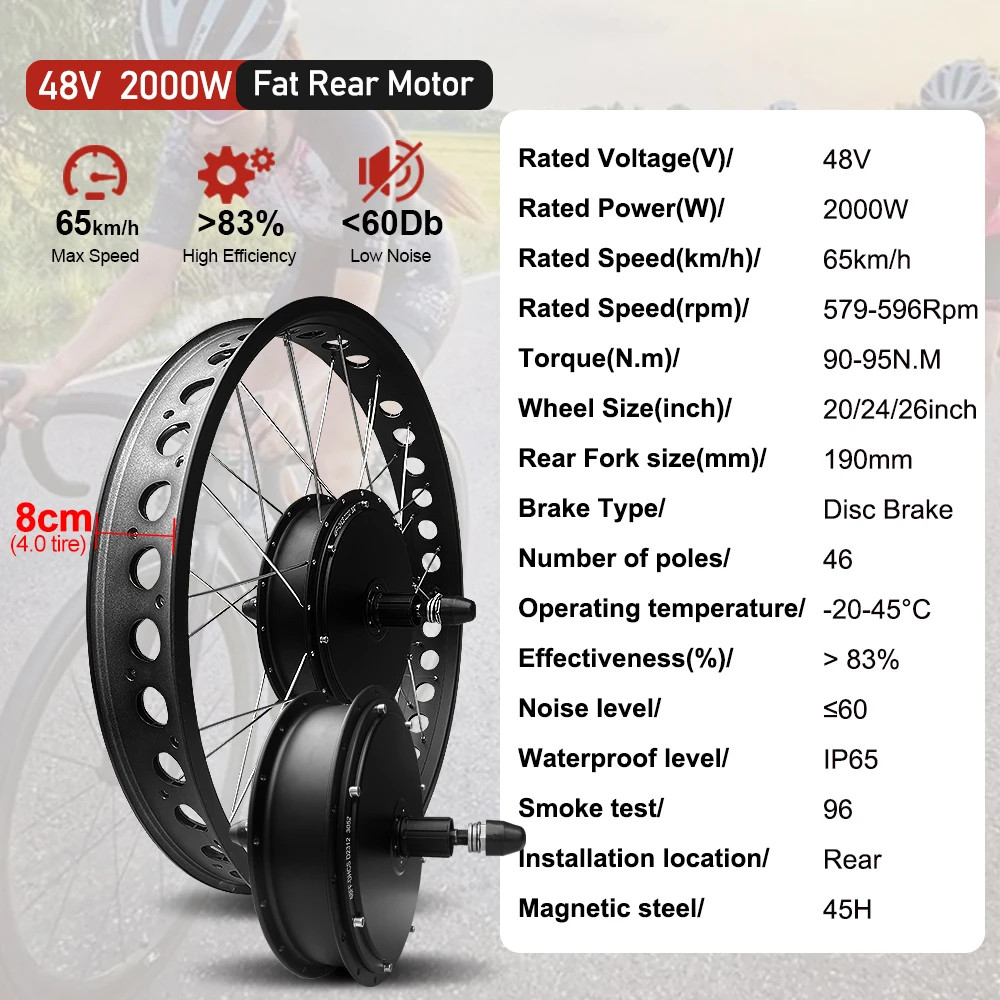 48V 2000W 4.0Tyre Fat Tire Rear Gearless Hub Motor Wheel for Snow Electric Bike