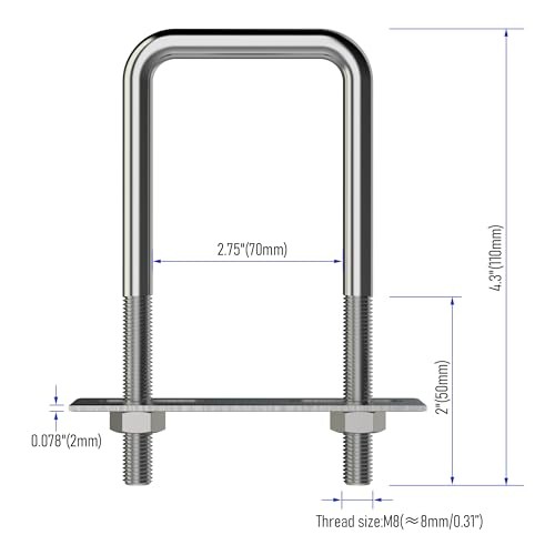 2 Sets 304 Stainless Steel Square U-Bolts 2.75″(70mm) Inner Width, 70X110（W*L）