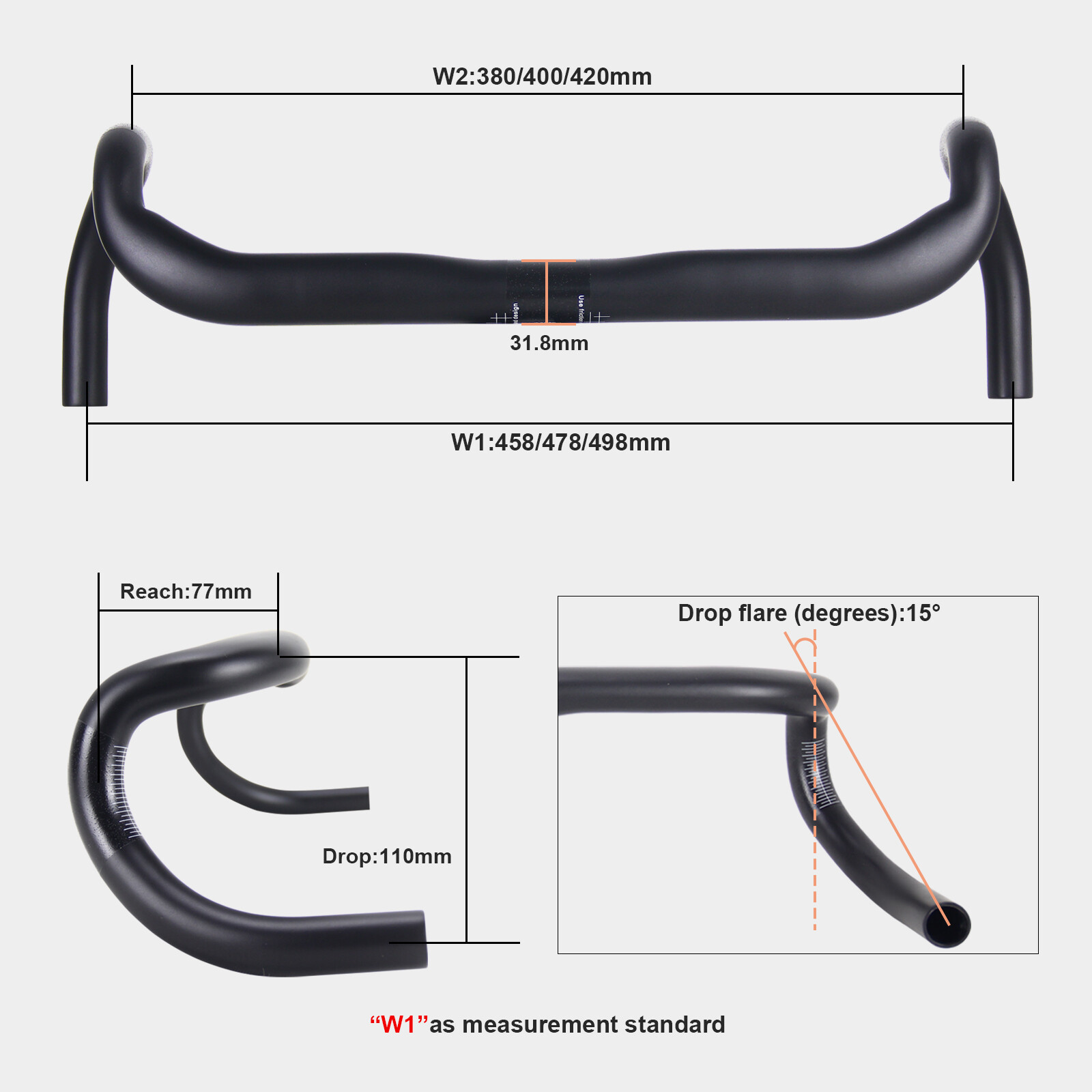 31.8 Carbon Gravel Bike Drop Bent Bar 15°Drop Flare 458/478/498 Racing Handlebar