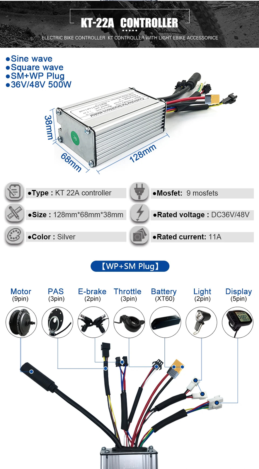 KT Ebike Controller 36V 48V 15A/17A/22A/25A Square/Sinewave Controller 250W-750W