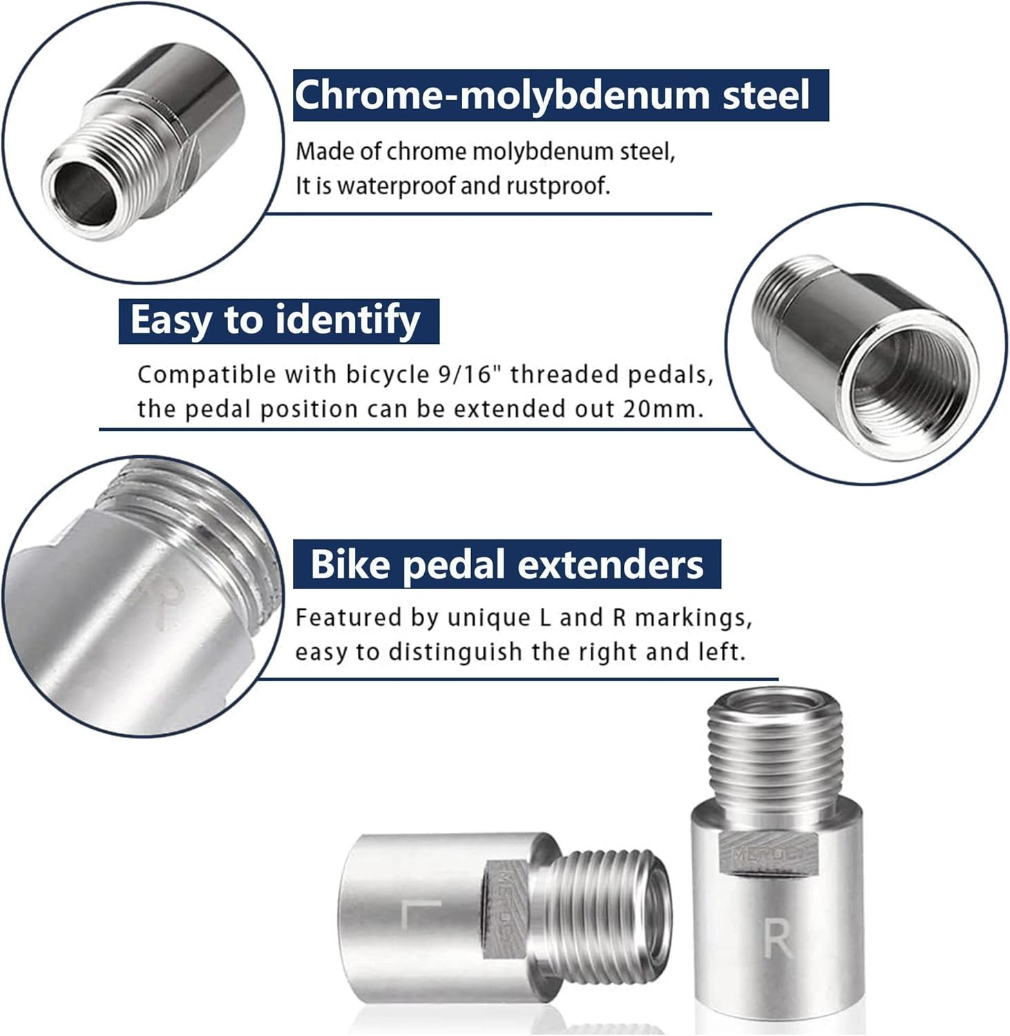 Heavy-Duty Steel Bike Pedal Extenders, 20mm Extension Spacers (1 Pair, Silver)