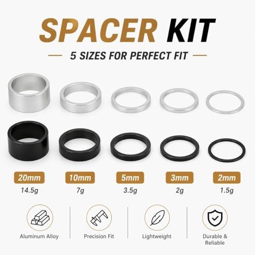 5 Pieces Bike Headset Alu Spacer Bicycle 25.4mm 1 Inch 1 20 10 5 3 2 mm, Silver