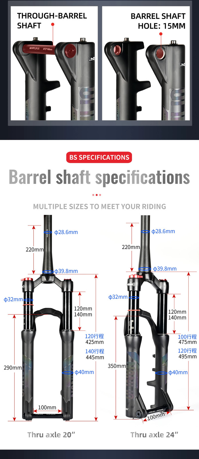 Youth Kids’ Mountain Bike Suspension Fork 20 24er 100-140mm Travel Oil Gas Fork