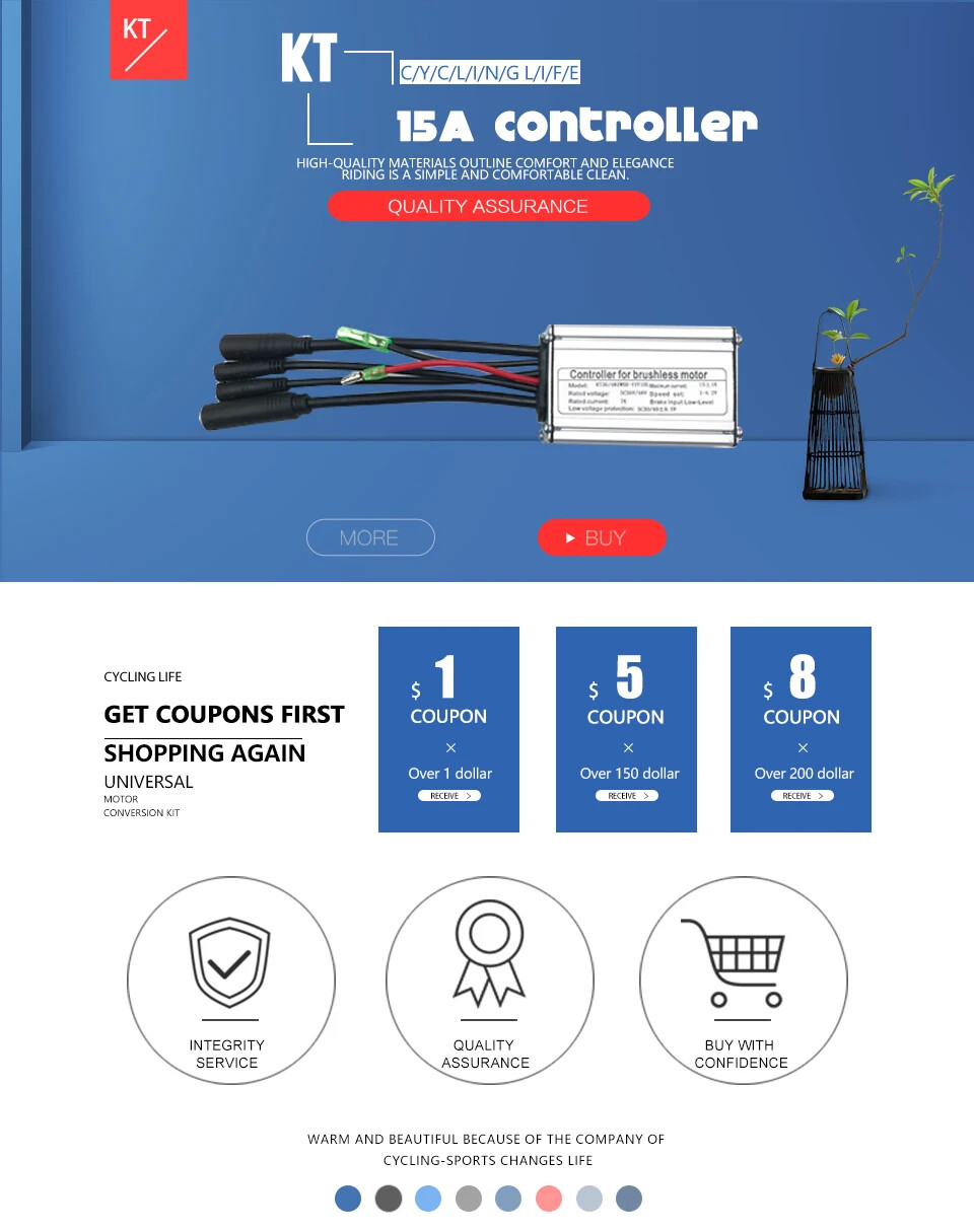 KT Controller 36V 48V 15A 250W 350W Waterproof E-bike Controller with Display