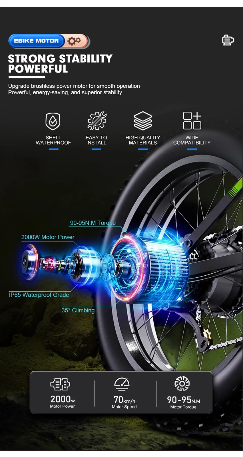 48V 2000W Fat Tire Rear Brushless Gearless Hub Motor for Snow E-Bike 20/24/26in