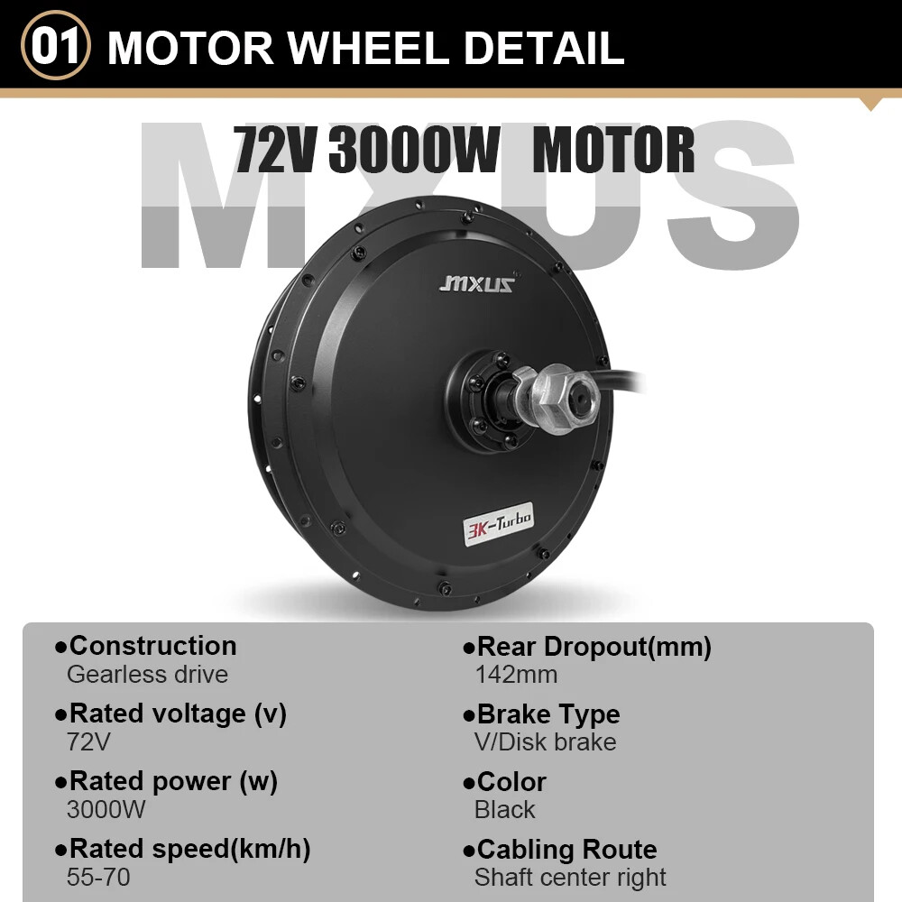 72V 3000W Electric Bicycle 3.0 Tyre Brushless Hub Motor Wheel Dropout 142mm