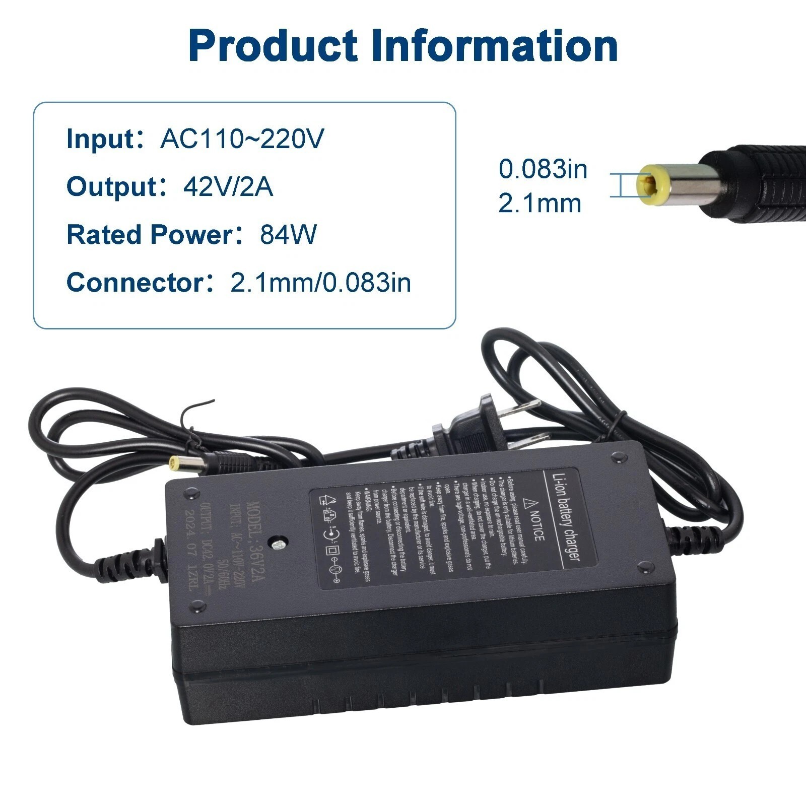 42V 2A Smart Charger DC 5.5×2.1mm Plug for 36V Bicycle Lithium Li-ion Battery