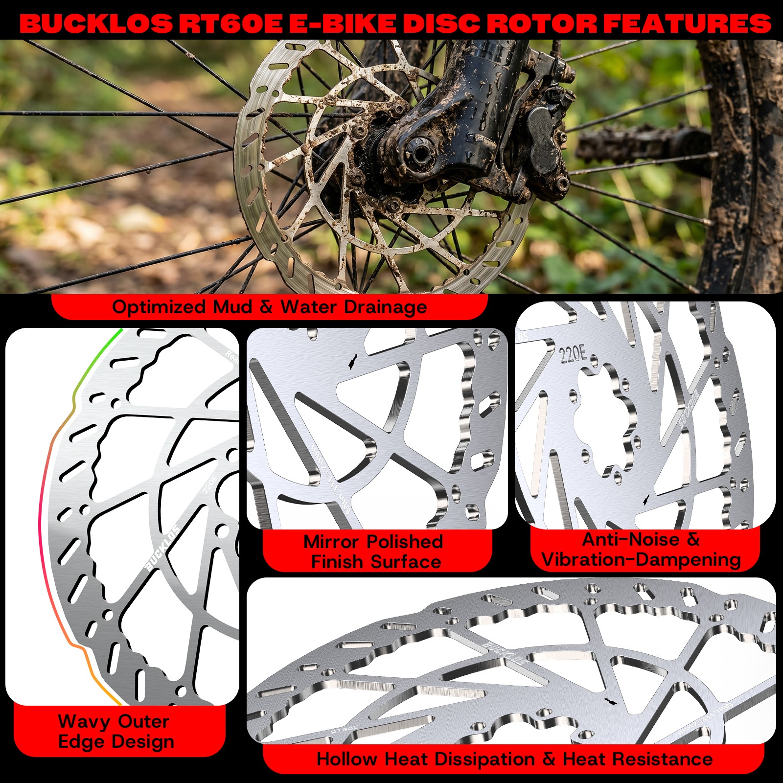 BUCKLOS MTB E-bike Brake Disc Rotor 140/160/180/203mm Front Rear 6 Bolts Steel