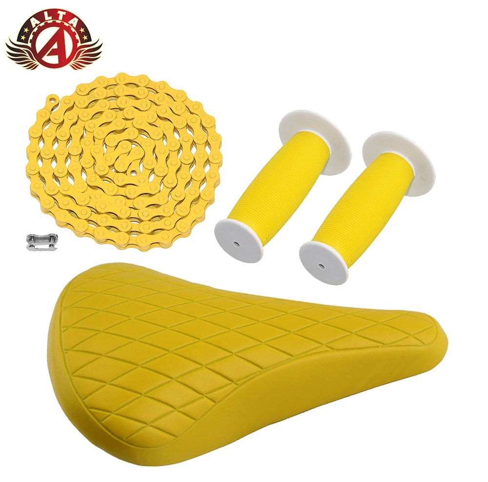 ALTA DlAMOND VlNYL BMX SADDLE 702 WITH YELLOW CHAlN & YELLOW/WHITE MUSHROOM GRlP