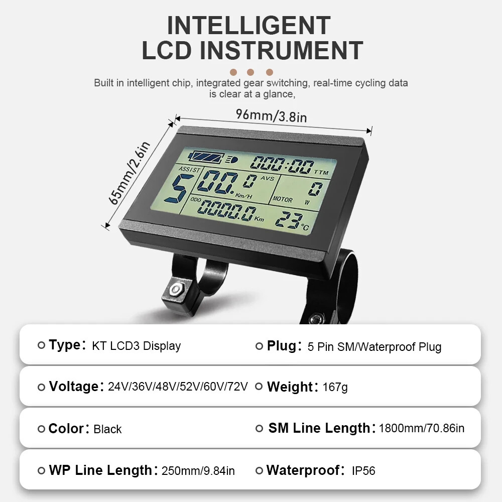 Electric Bike Intelligent Display LCD3 Waterproof SM Plug 36V 48V 52V 60V 72V