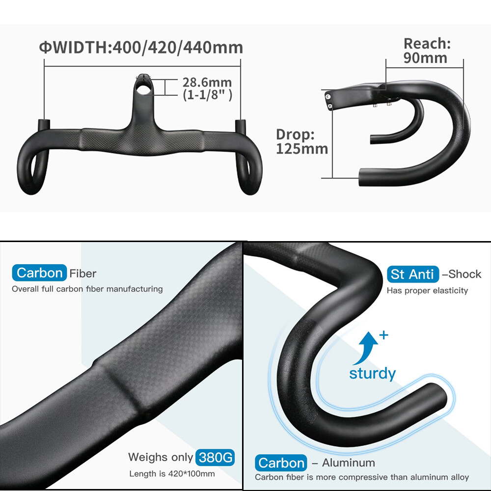 Road Bike Integrated Handlebar Stem Carbon Drop Bar Handle Bar 1-1/8 for Cycling