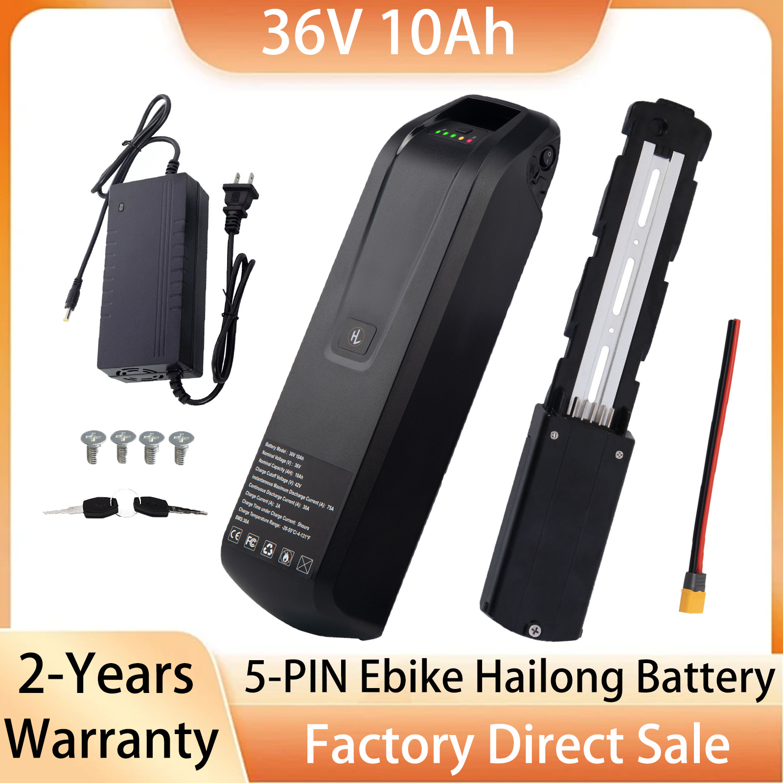 5PIN Hailong 36V 10Ah Liion Battery for Electric Bicycle 750W Motors w/ USB Port