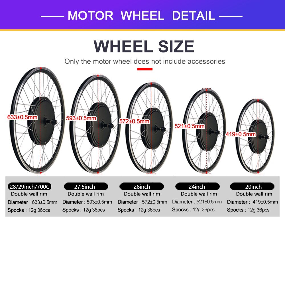 250W-2000W E-bike Conversion Kit 20-29inch/700C Front/Rear Only Motor Wheel