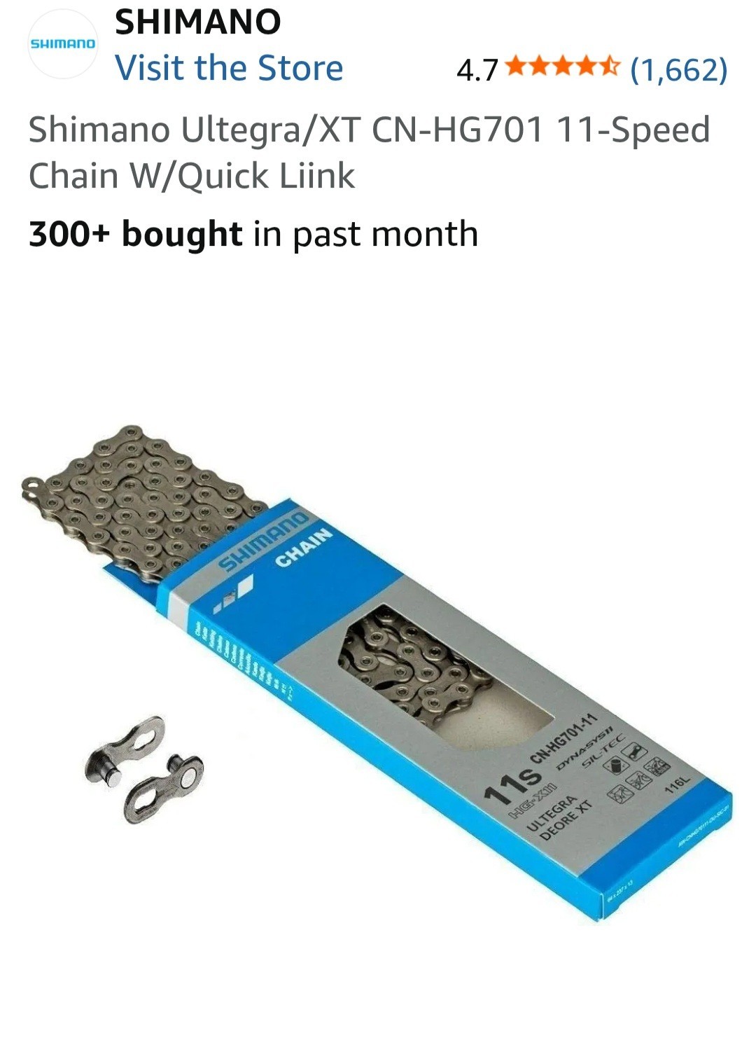 Shimano Ultegra/Xt CN-HG701 11-Speed Chain W/Quick Liink 116 Links. E-Bike Rated