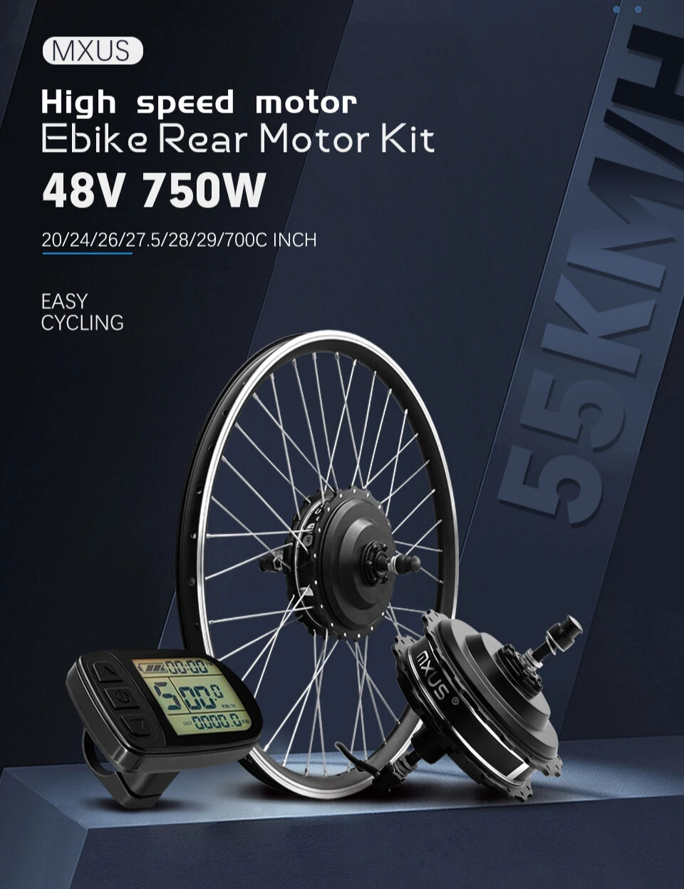 48V 750W Electric Bike Conversion Kit Waterproof Plug Rear Brushless Hub Motor