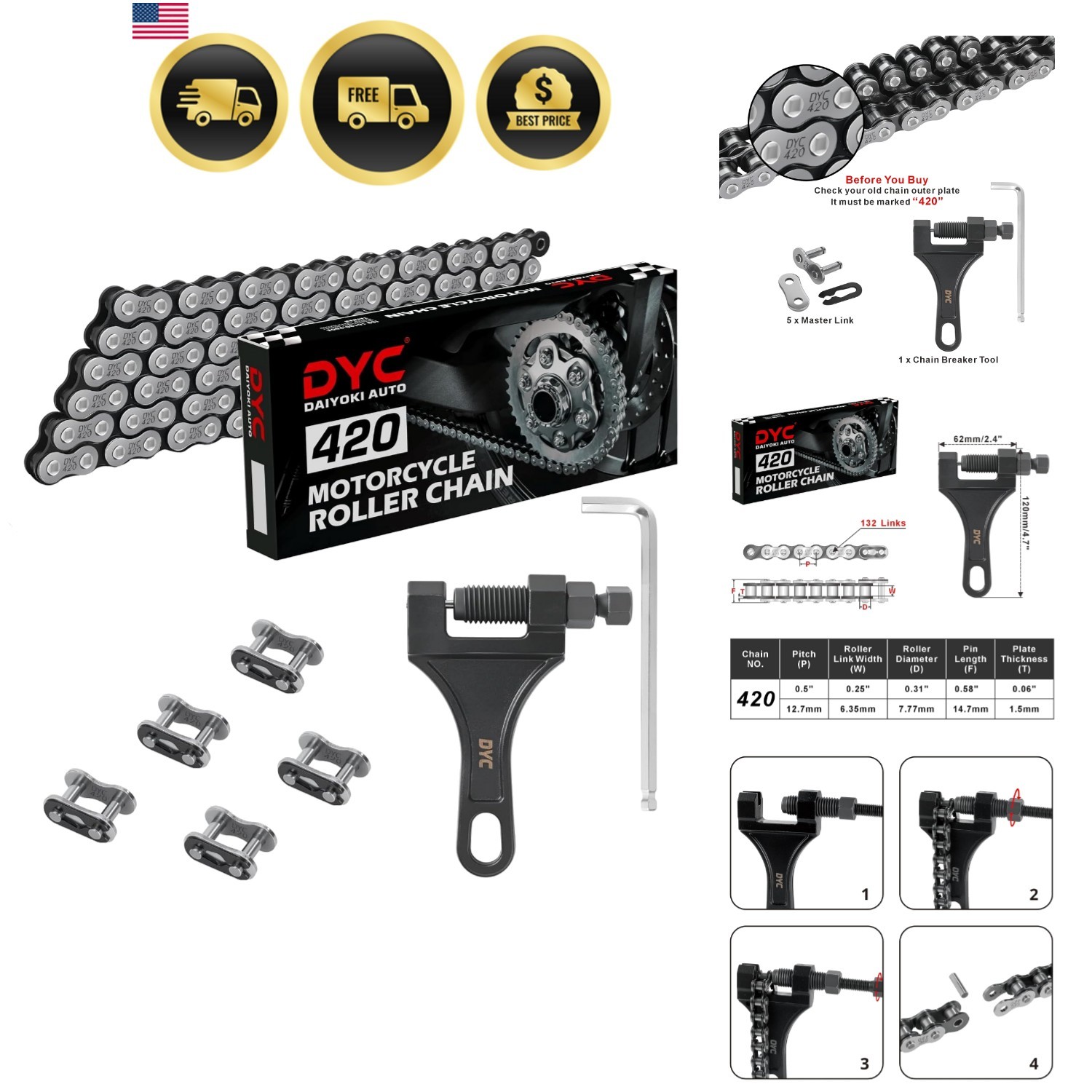 DYC 420 Chain 132 Links with 5 Master Links and Chain Breaker Tool | Cut to f…