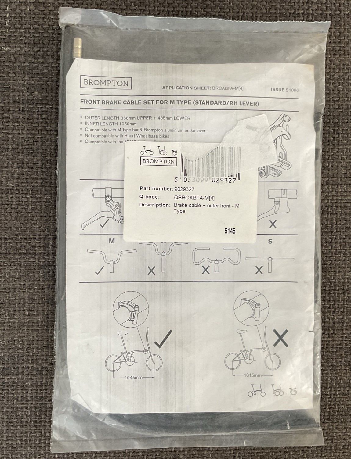 Brompton Front Brake Cable Set For M Type Std RH Lever, Free Mainland Shipping