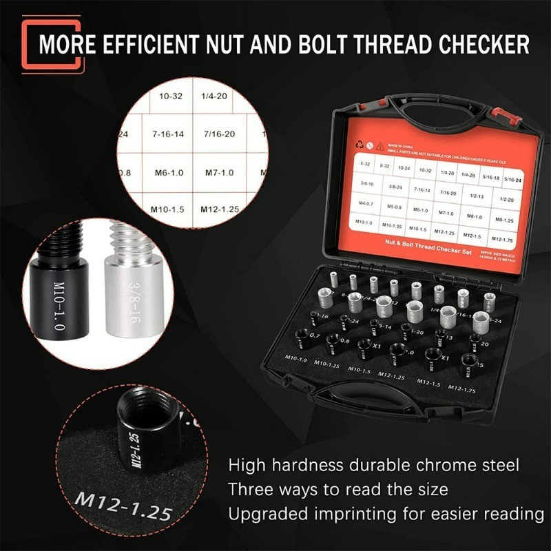 Inch & Metric Sizes Bolt/Nut Identifier 44pcs Nut/ Bolt Thread Checker Gauge Box