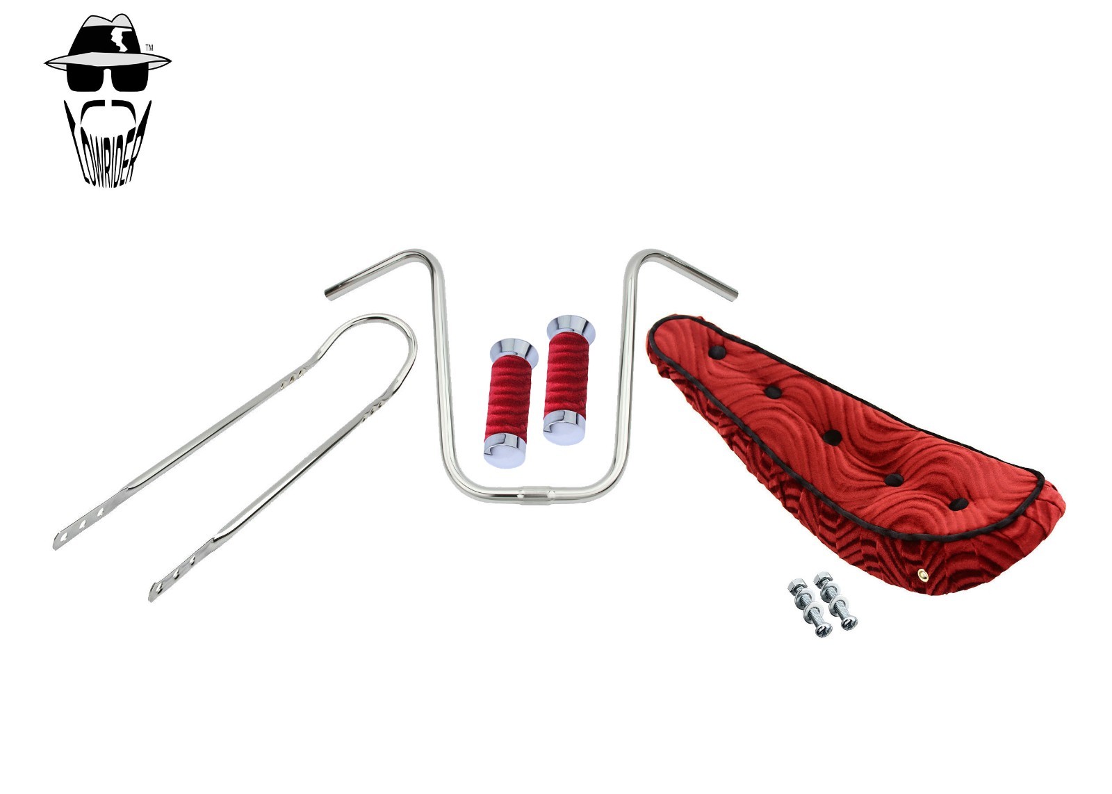 ORIGINAL LOWRIDER U Handlebar Sissy Bar Velour 5-Button Red Banana Seat/Grips.