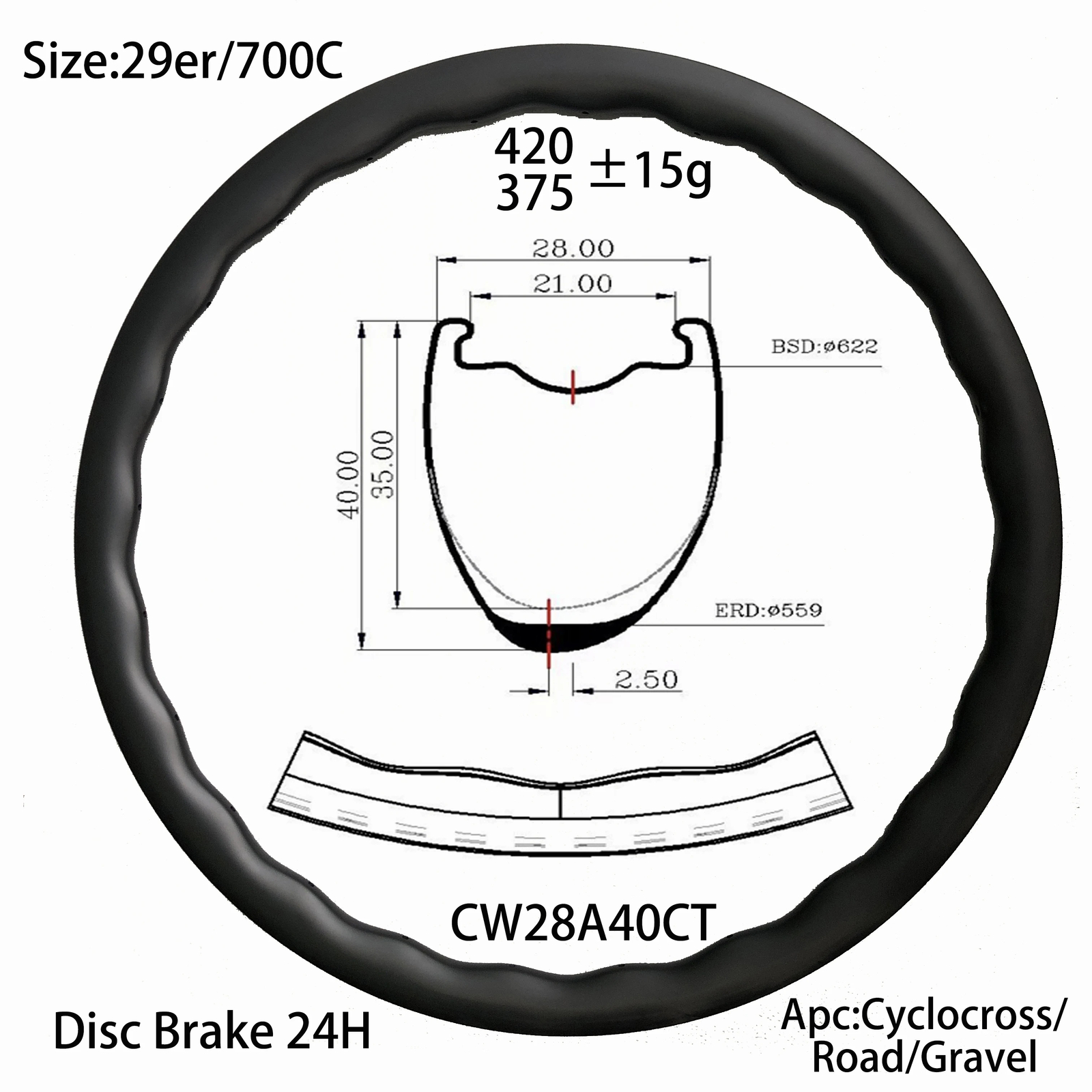 40mm*28mm Width Carbon Bike Wheel Rim Wave Shape Disc Brake Asymmetry 700C/29er